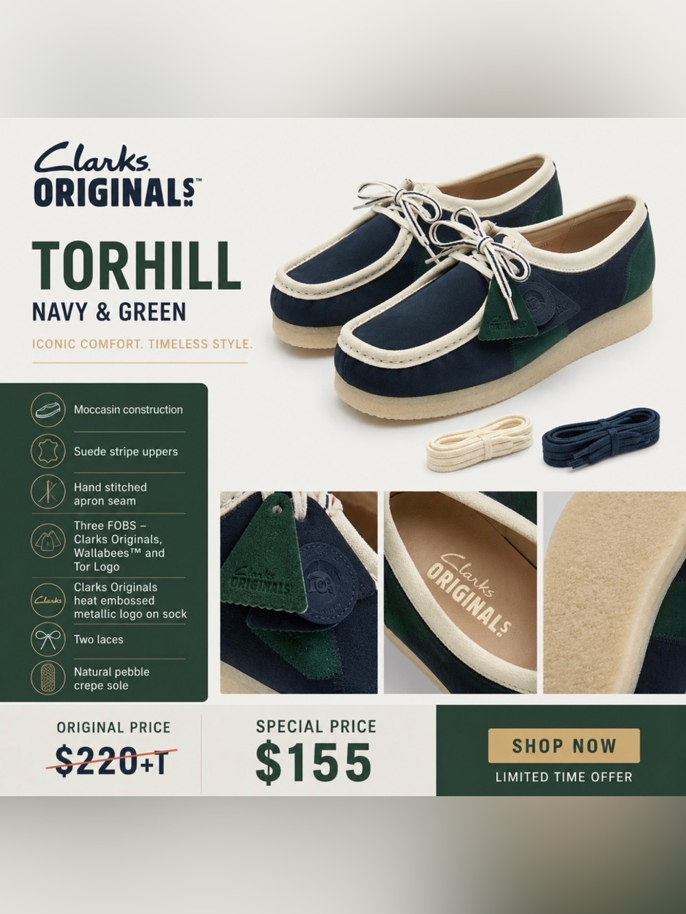 Clarks Torhill Navy & Green Suede Moccasins